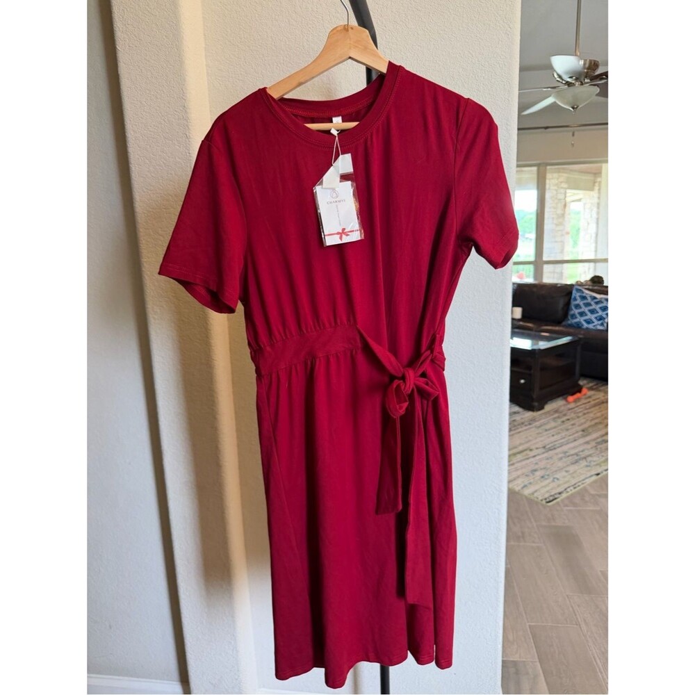 charmyi t-shirt Casual Tie-Waist Midi Dress in Burgundy S